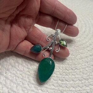Awesome SIMULATED EMERALD & PERIDOT LEAF Handmade Sterling 925 Pendant/Chain